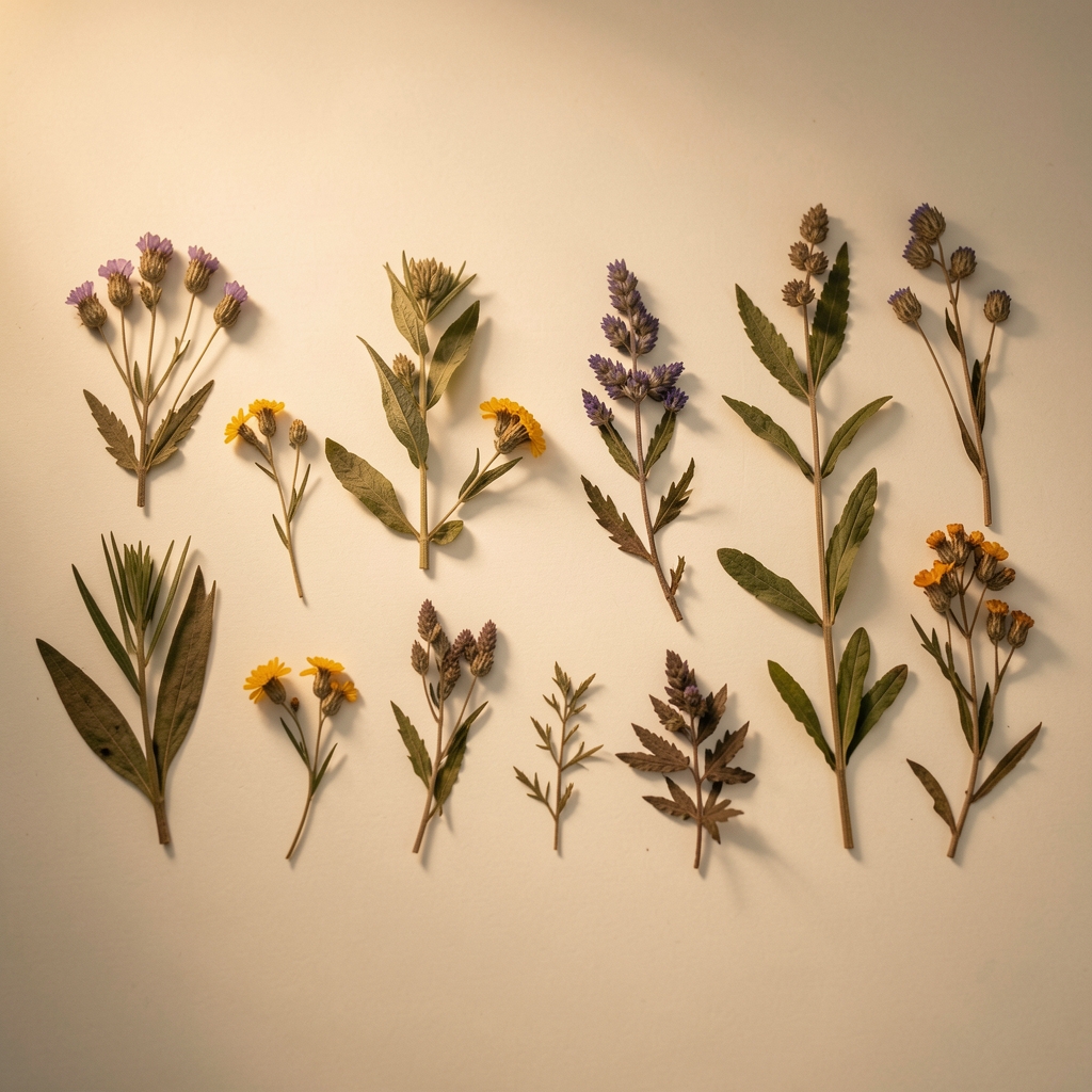 Getrocknete botanische Pflanzenproben auf einem hellen Papierarchivhintergrund, präzise nebeneinander arrangiert wie ein naturkundliches Herbarium, warmes, seitlich einfallendes Licht, keine Menschen