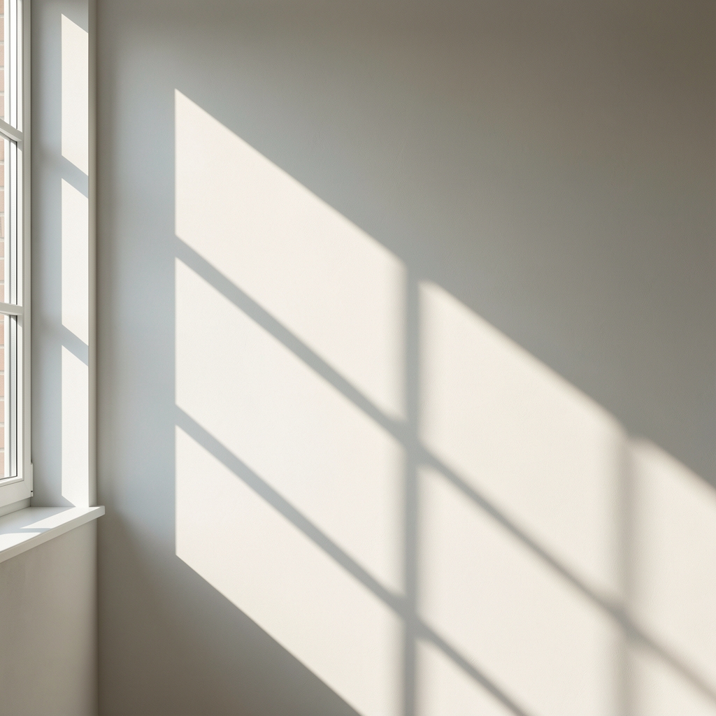 Architektonische Detailaufnahme einer hellen Putzwand mit scharfen geometrischen Schattenlinien, die von außen durch ein Fenster fallen, klar definierte Kontraste zwischen Licht und Schatten