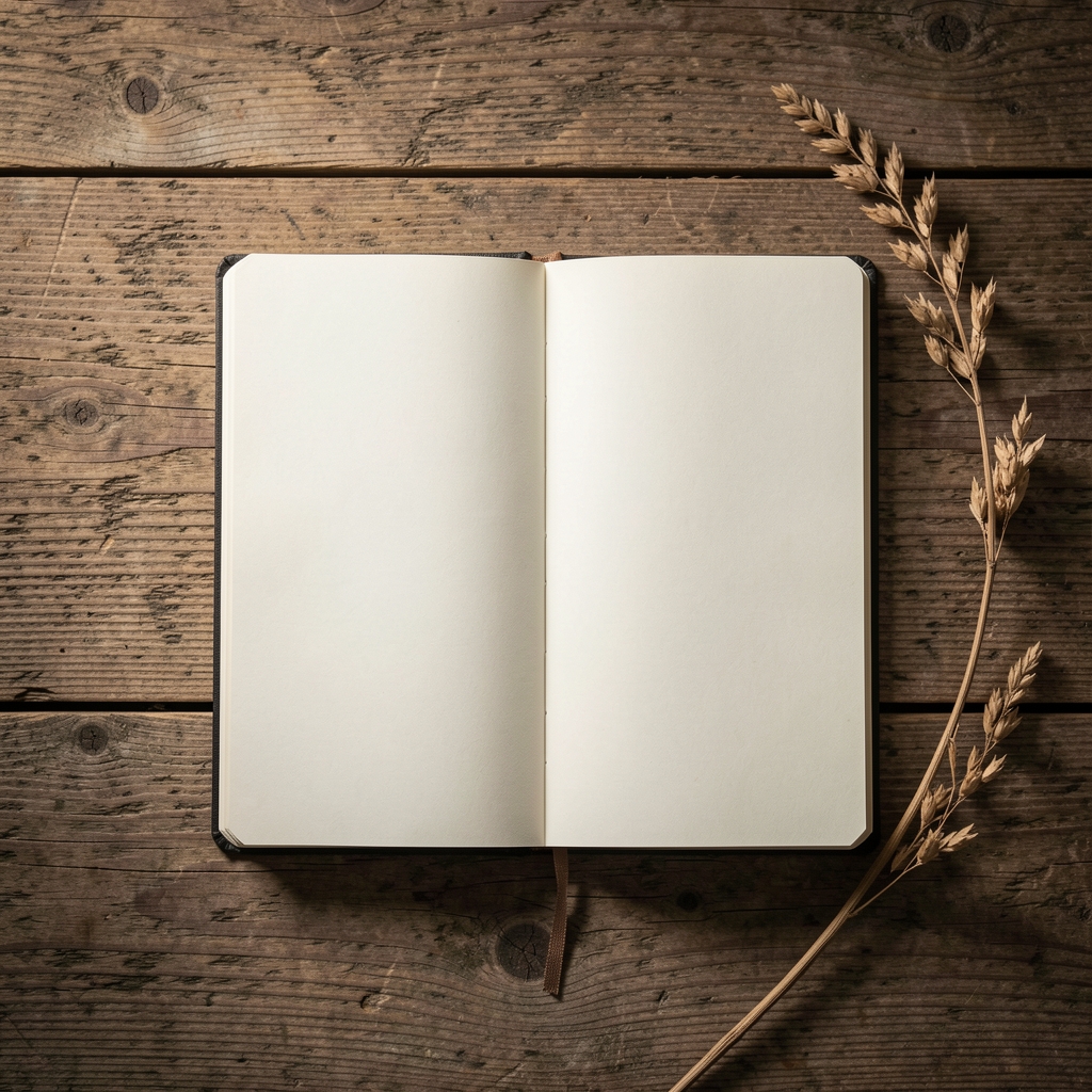 Draufsicht auf ein leeres, aufgeschlagenes Notizbuch auf einer rauen Holzoberfläche mit einem getrockneten Pflanzenzweig daneben, gedämpftes seitliches Licht, keine Menschen, neutrale redaktionelle Stimmung