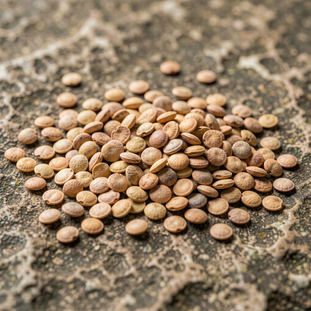 Makroaufnahme von getrockneten Linsen und Hülsenfrüchten, die auf einer rauen Steinplatte nebeneinander ausgelegt sind, gleichmäßig diffuses Licht, keine Menschen, botanische Auslegekomposition