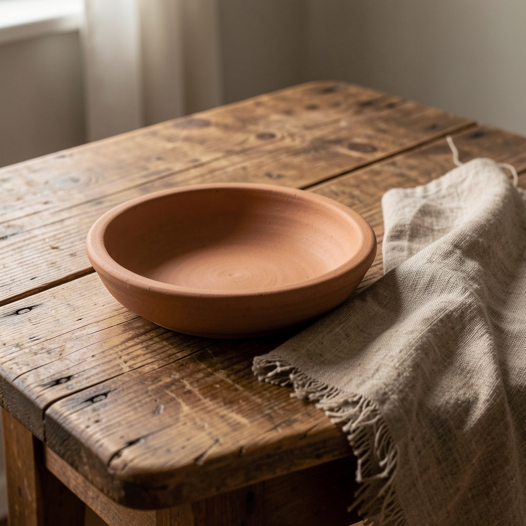 Nahaufnahme eines rustikalen Holztisches mit einer leeren Tonschale und einem Stück grobem Leinen daneben, weiches Seitenlicht, Stillleben-Atmosphäre ohne Menschen