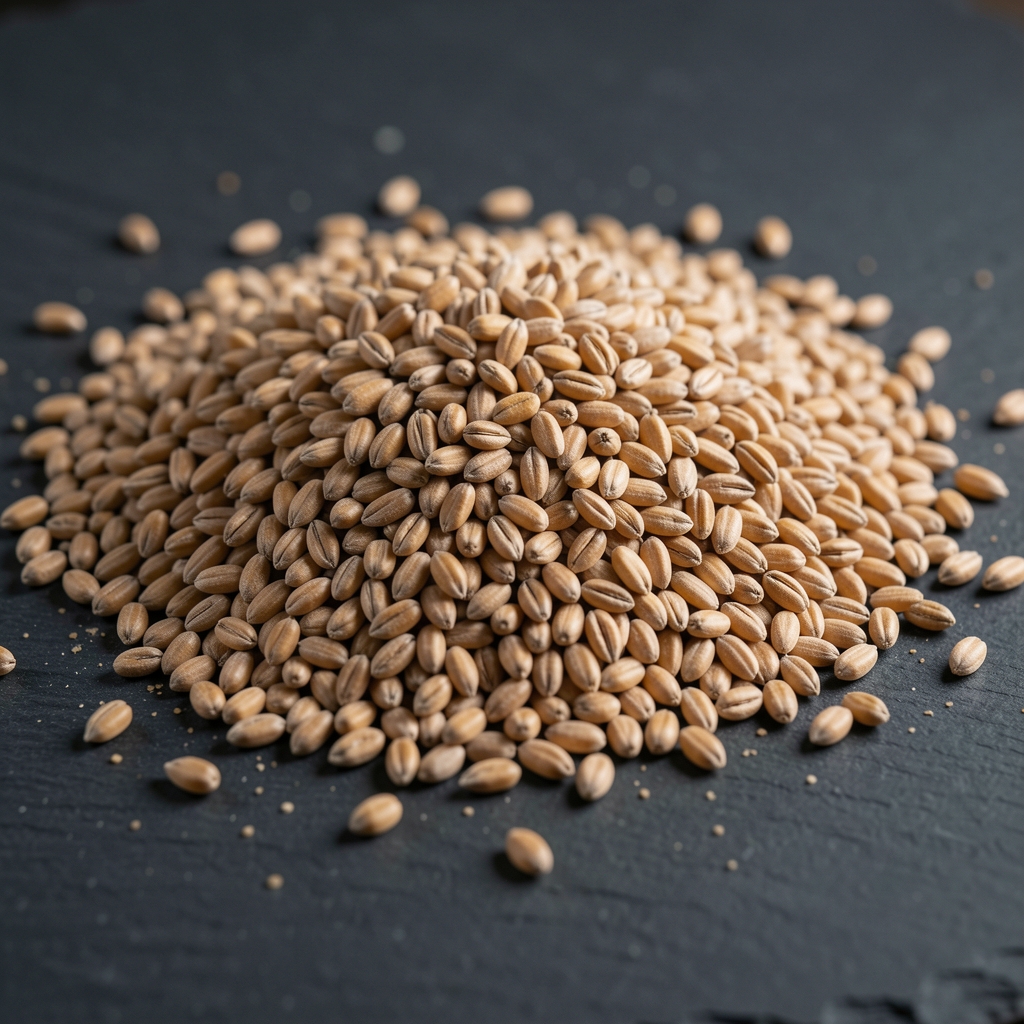 Closeup von groben Weizenkörnern auf einer dunklen Schieferplatte, gleichmäßig verteiltes körniges Material mit gerichtetem Seitenlicht, das die Textur betont, keine Menschen