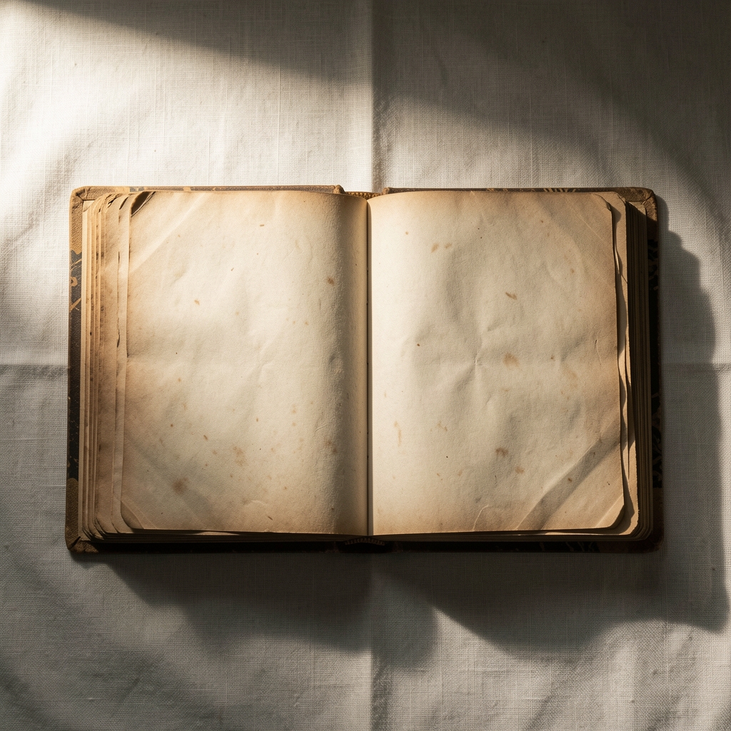 Draufsicht auf ein antikes offenes Buch mit vergilbten Seiten auf einer hellen Leinenfläche, kein Text lesbar, dramatisches Seitenlicht, keine Menschen, archivische Stimmung