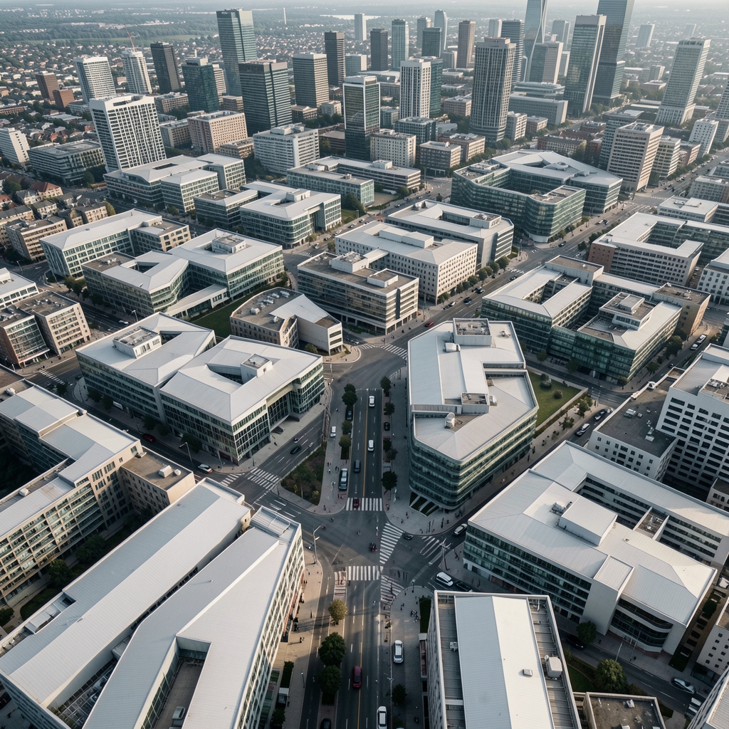 Luftaufnahme einer modernen Stadtlandschaft aus geringer Höhe, abstrakte geometrische Muster von Dächern und Straßen in gedämpften Grautönen, keine erkennbaren Personen, urbane Textur