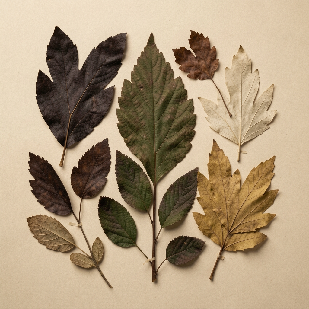 Symmetrische Draufsicht auf getrocknetes Herbarium-Blattmaterial, dunkle und helle Blätter auf beigem Untergrund arrangiert, präzise botanische Auslegekomposition ohne Menschen