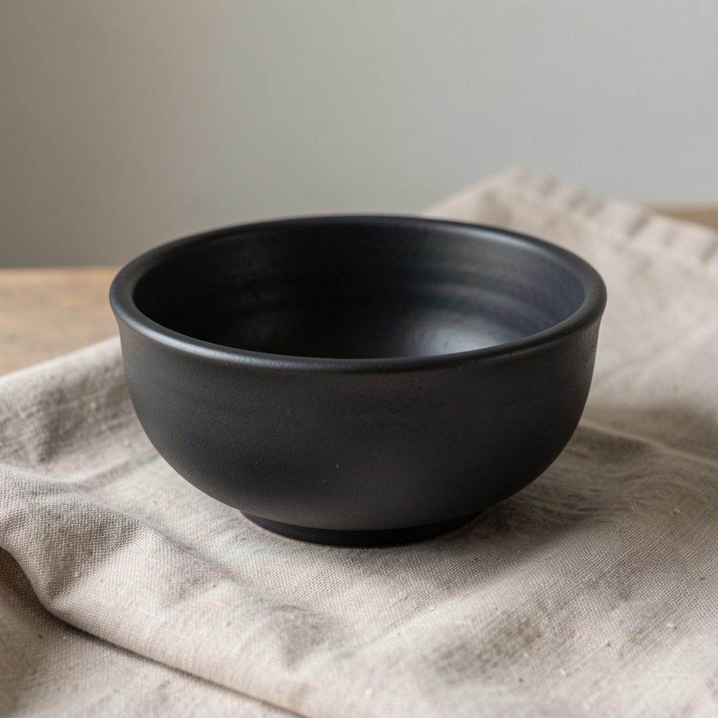 Matte dunkle Keramikschüssel auf einem beigen Leinentuch, seitliches weiches Licht betont die handgefertigte ungleichmäßige Oberfläche der Keramik, minimalistische Stillleben-Komposition