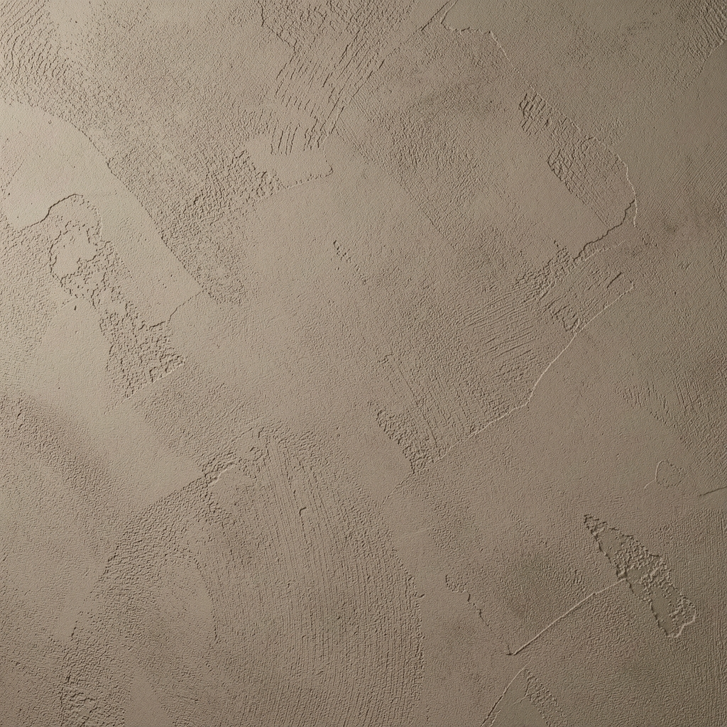 Abstrakte Nahaufnahme einer rauen beigen Putzwand mit feinen Strukturen und gleichmäßig diffusem Licht, keine Menschen, neutrale architektonische Textur