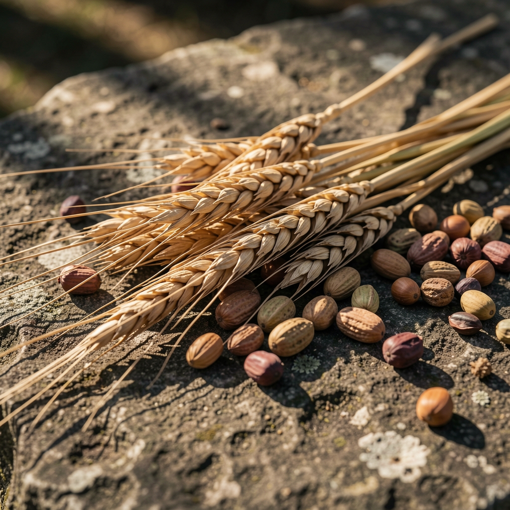 Nahaufnahme von getrockneten Getreidestängeln und Hülsenfrüchten auf einer rauen Steinoberfläche mit tiefen kinematografischen Schatten und gerichtetem Licht, das die Textur der Materialien hervorhebt
