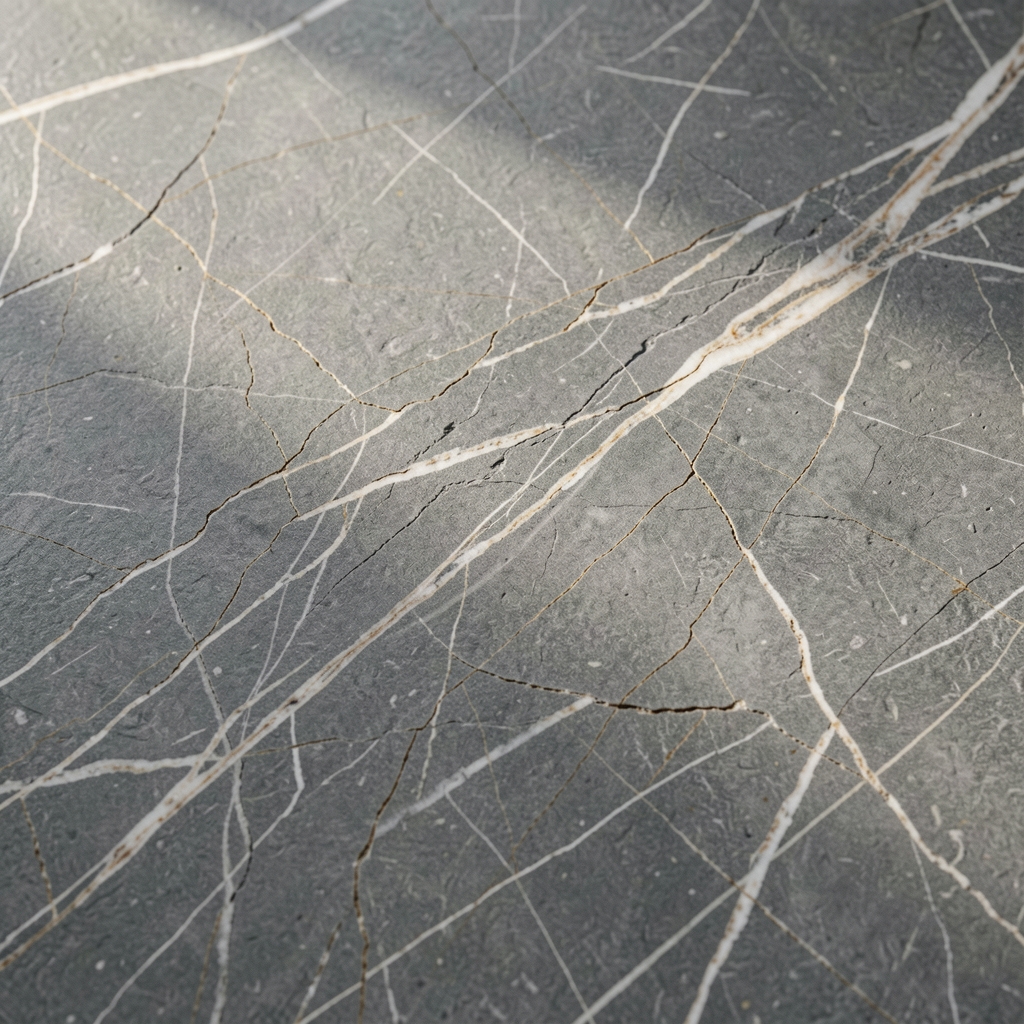 Nahaufnahme einer grauen Steinoberfläche mit feinen Rissen und natürlichen Maserungslinien, gleichmäßig gerichtetem Seitenlicht, das die Textur plastisch hervorhebt